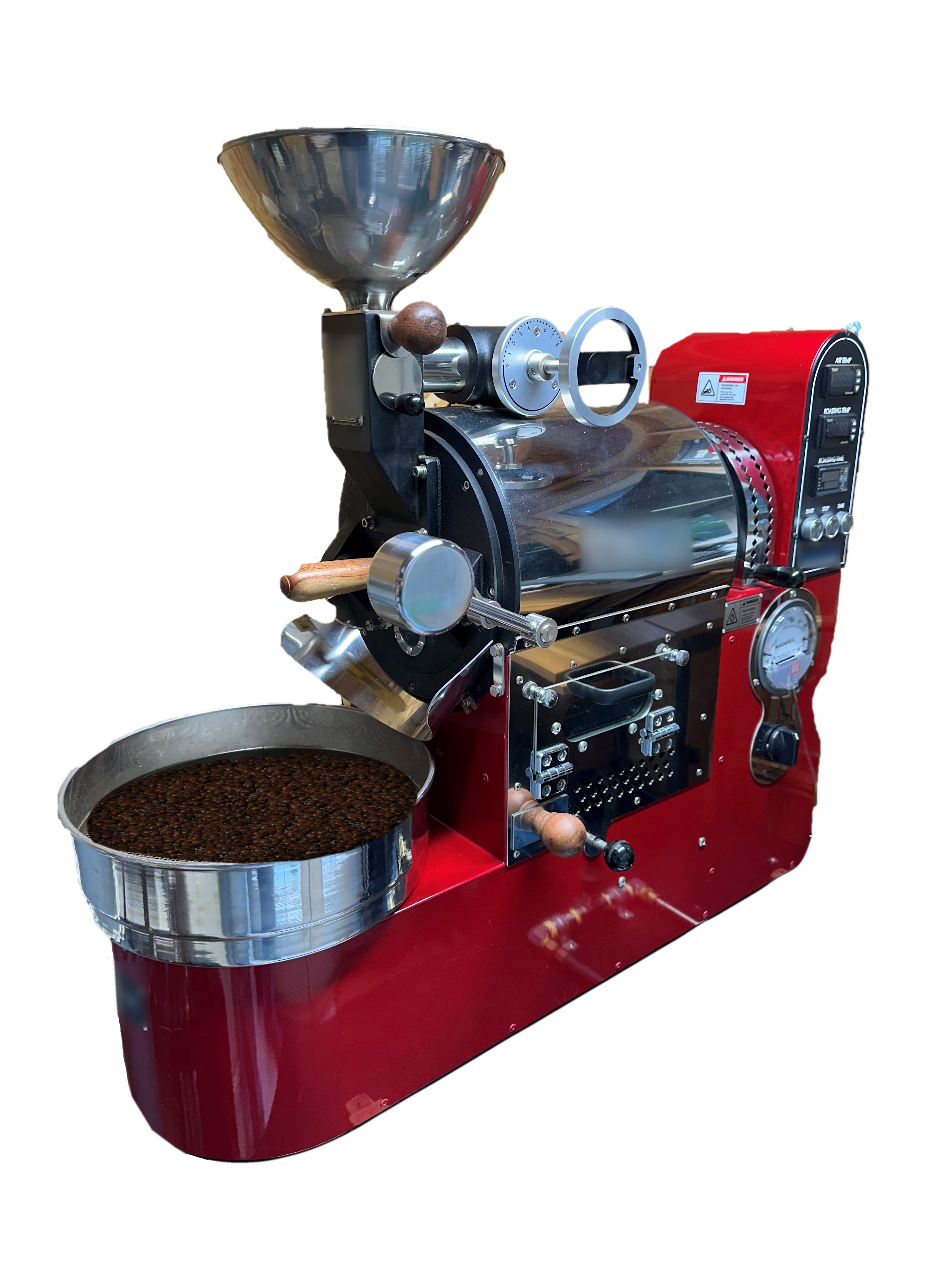 Animated Ric's Roast coffee roaster with rising steam, a warm roasting glow, and floating coffee beans.